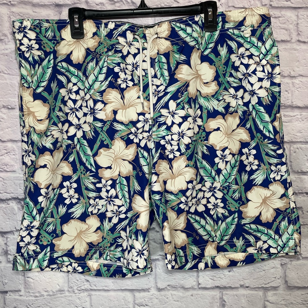 Lands' End Mens‎ Blue Floral Cargo Swim Trunks Size L 36-38 Suit Board Shorts